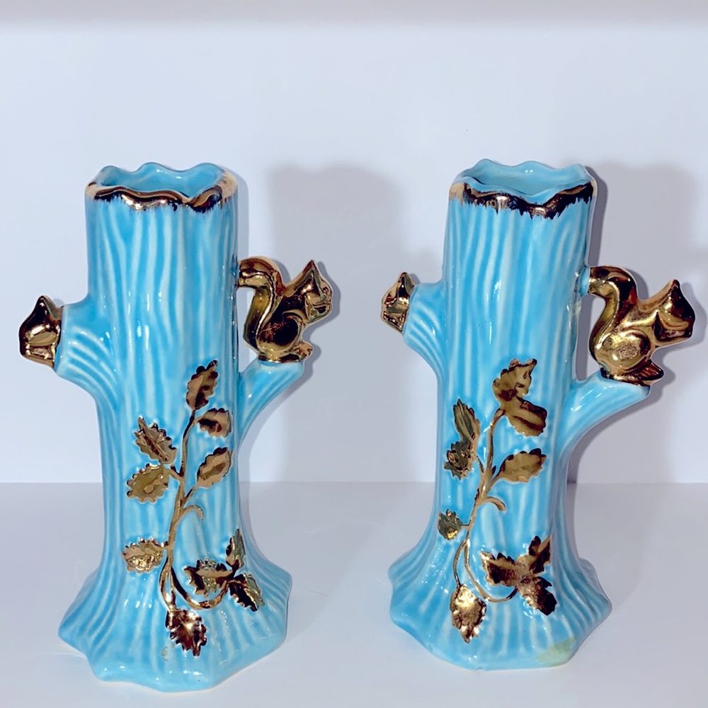 Vintage Vase Set Squirrel in Tree